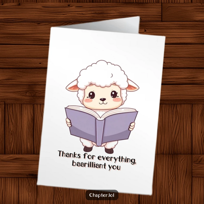 Funny Free Printable Thank You Card: A fluffy white sheep intently reads a large book, eyes wide with focus.