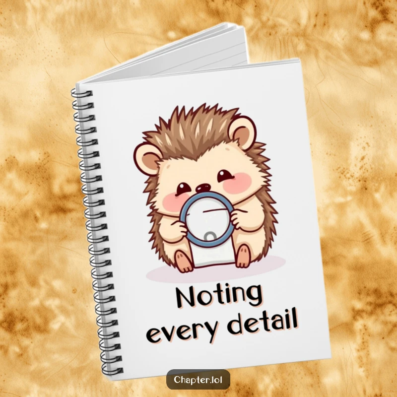 Funny notebook with a cheerful hedgehog holding a magnifying glass over a tiny letter, perfect for detailed note-taking.