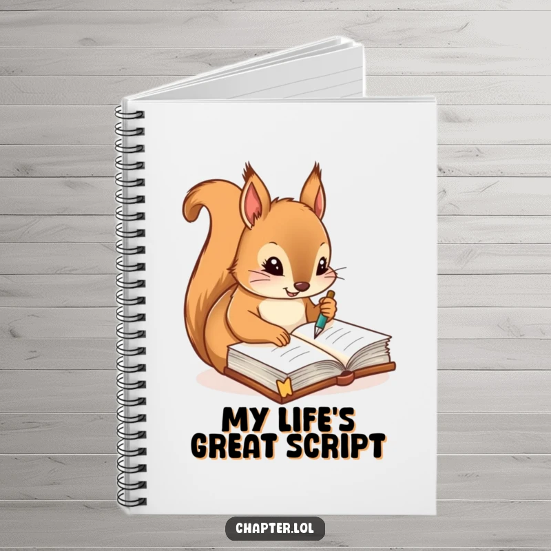 Funny notebook with a diligent squirrel writing notes with a quill pen in a journal, perfect for detailed note-taking.