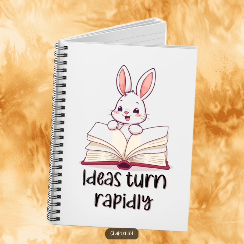 Funny notebook with an energetic bunny turning the pages of a massive book, perfect for jotting down notes and ideas.