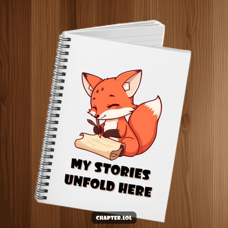 Funny Notebook featuring a sly red fox with a quill pen, ready to write, perfect for jotting down creative ideas humorously.