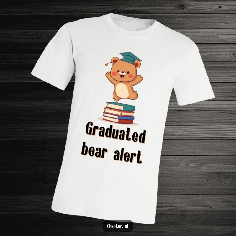 Funny graduation bear t-shirt with an energetic brown bear in a graduation cap leaping over a stack of books. Fun and celebratory apparel.