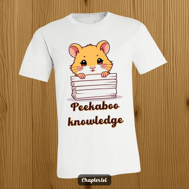 Funny Hamster T-Shirt: A whimsical design of a cute hamster peeking out curiously from behind a stack of documents.