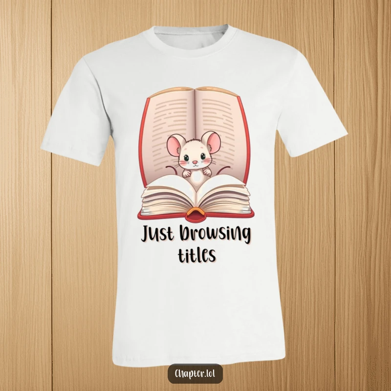 Funny t-shirt featuring a tiny mouse curiously peeking out of a large, open book, symbolizing a love for stories.