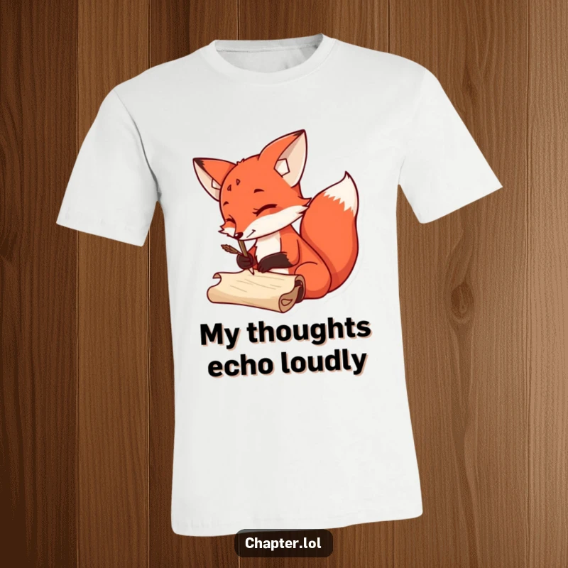 Funny T-Shirt of a sly red fox holding a quill pen, energetically writing on a scroll, celebrating literary humor.