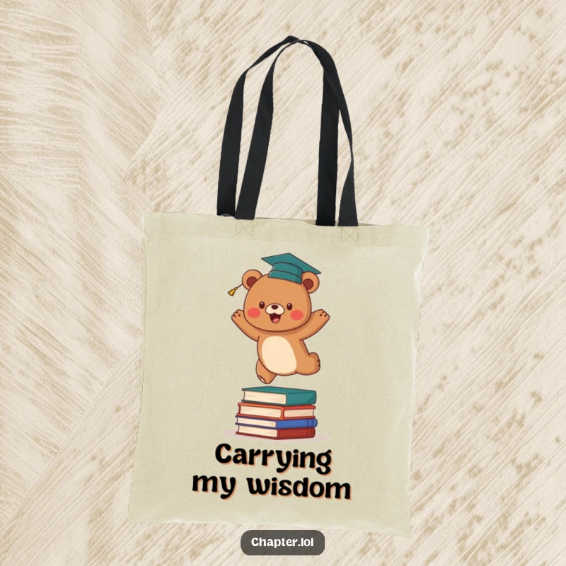 Funny graduation bear tote bag showing an energetic brown bear in a cap leaping over a stack of books. Practical and humorous for carrying academic items.