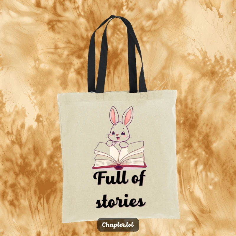 Funny tote bag with an energetic bunny turning the pages of a massive book, ideal for carrying literary treasures.