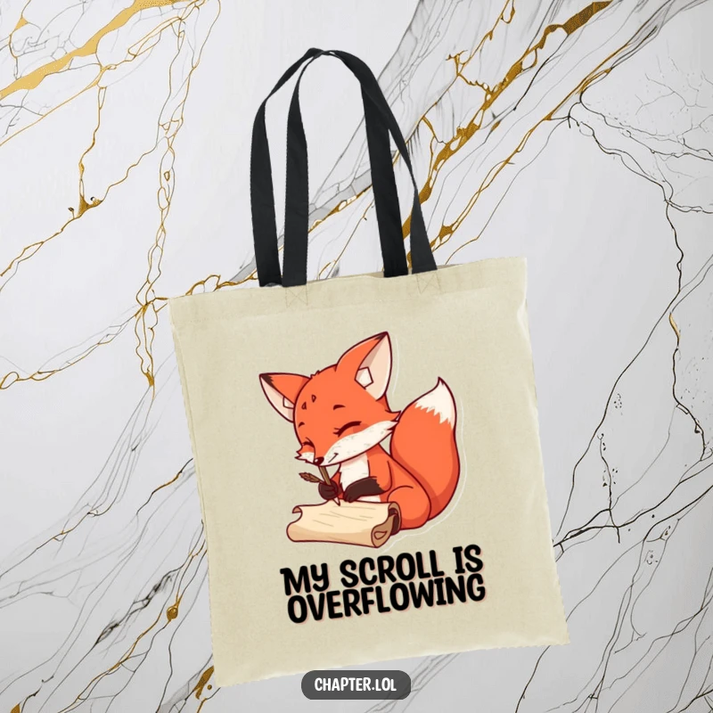 Funny Tote Bag with a sly red fox artist using a quill to write on a scroll, a humorous accessory for bookworms.