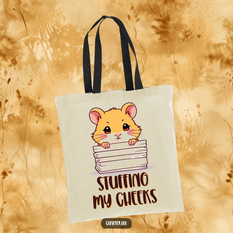 Funny Hamster Tote Bag: Artwork of a curious hamster peeking from behind a stack of paper.